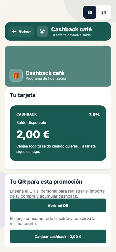 Customer cashback card with available credit and redemption button
