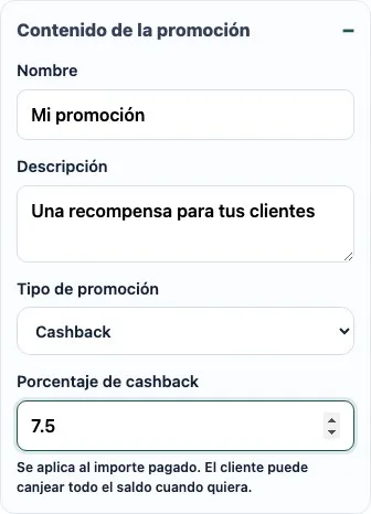 Setting up a 7.5% cashback promotion in the manager