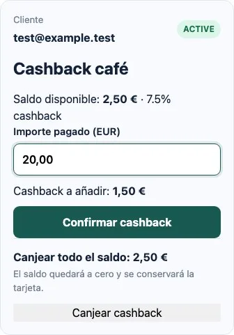 Manager scanner showing a €20 purchase and its calculated cashback