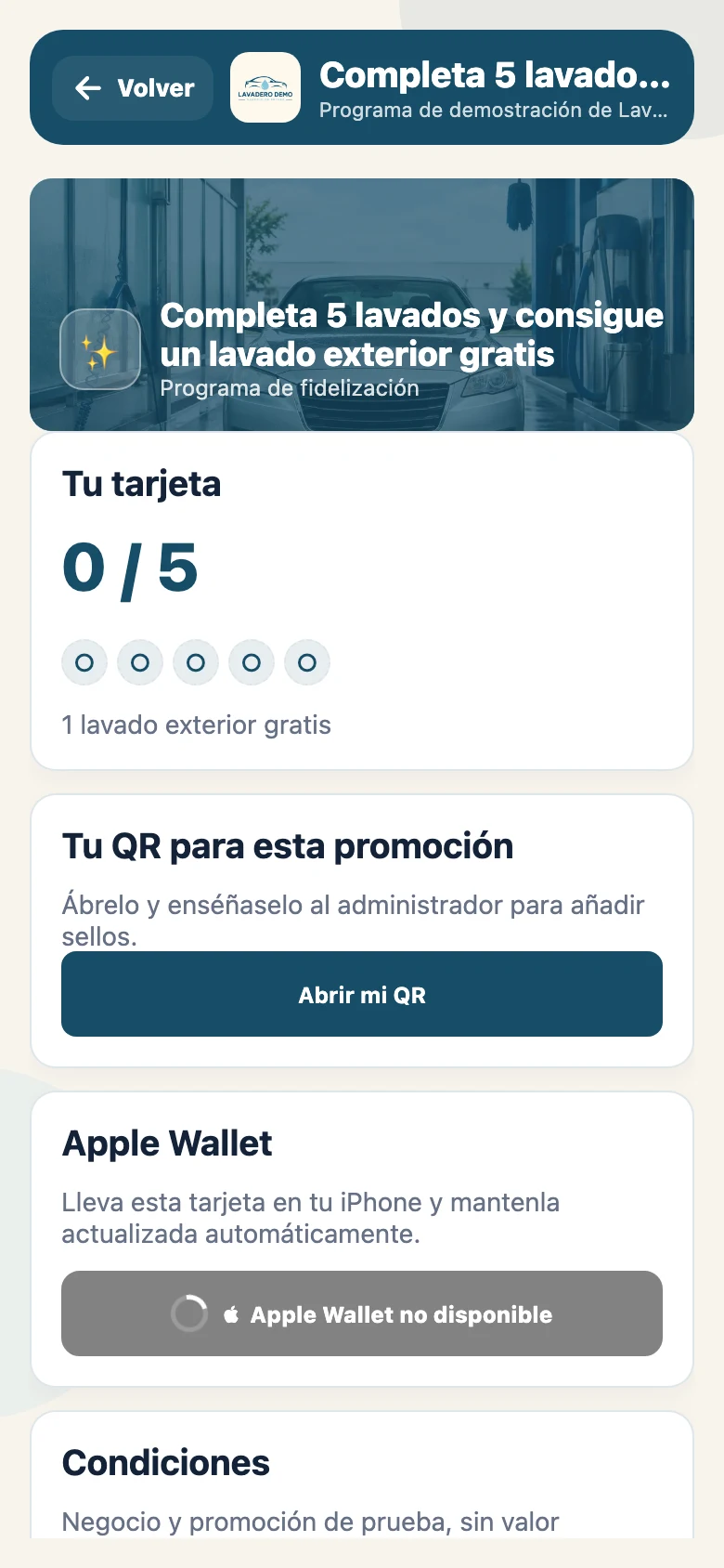 Ejemplo de tarjeta digital con progreso de sellos y recompensa en Promotoro