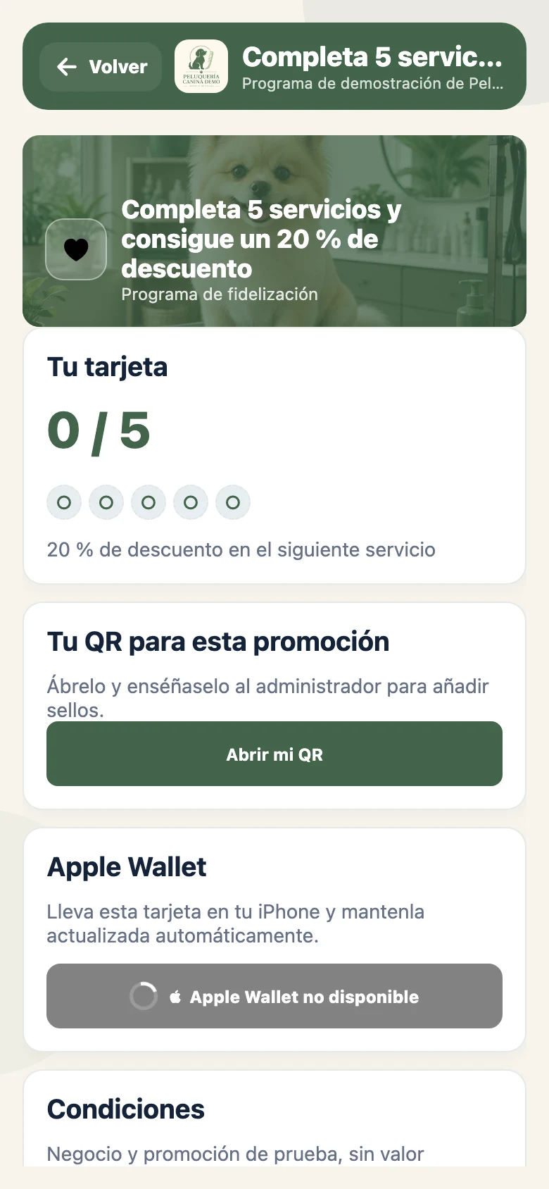 Ejemplo de tarjeta digital con progreso de sellos y recompensa en Promotoro