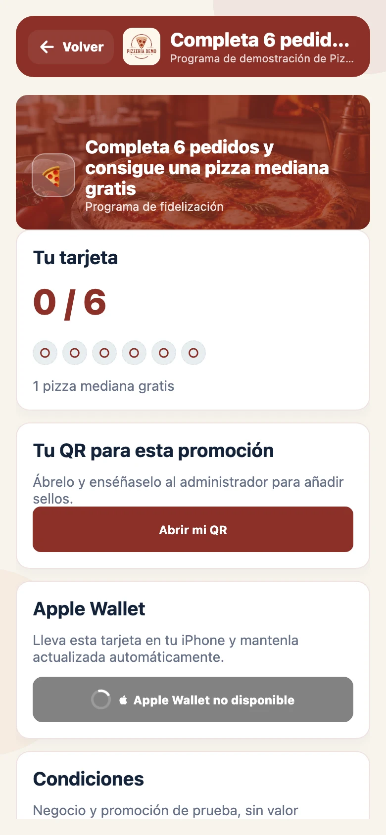 Ejemplo de tarjeta digital con progreso de sellos y recompensa en Promotoro